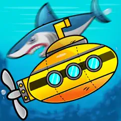 submarine shooting shark in underwater adventure logo, reviews