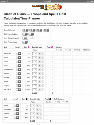 troops and spells cost calculator/time planner for clash of clans ipad images 1